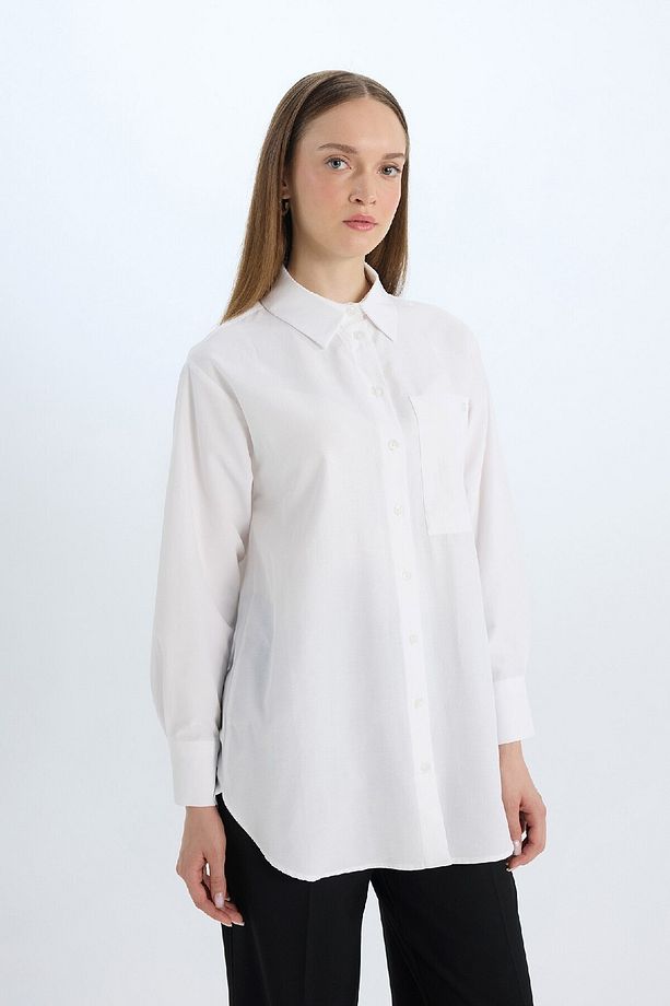 Relax Fit Poplin Basic Düz Beyaz Uzun Kollu Gömlek Tunik D7342ax25sp - 1