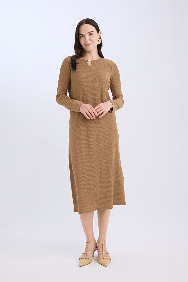 Bisiklet Yaka Basic Düz Bürümcük Uzun Kollu Maxi Elbise E1790AX24WN - 1