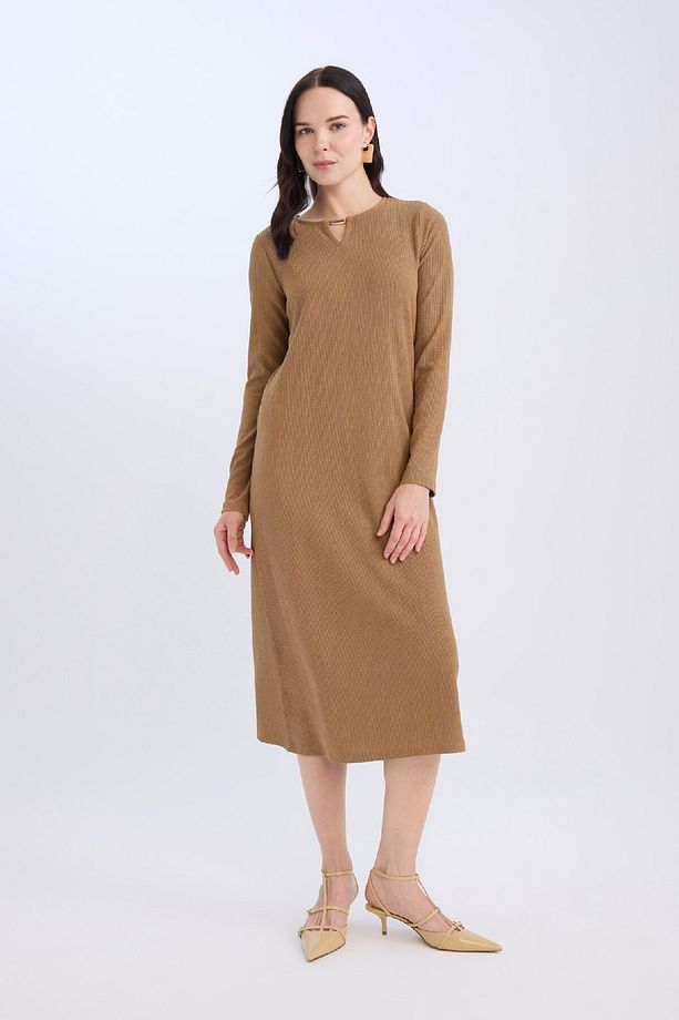 Bisiklet Yaka Basic Düz Bürümcük Uzun Kollu Maxi Elbise E1790AX24WN - 3