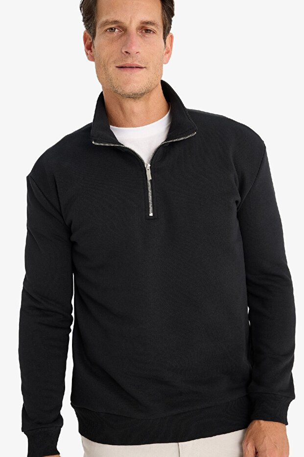 Regular Fit High Collar Half Zipper Soft Fleece Inside Basic Plain Sweatshirt X7405Az25Sp