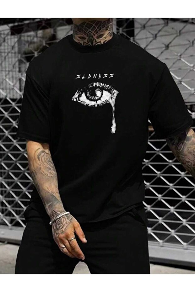 Unisex Sadness Printed Crew Neck Oversize Black T-Shirt