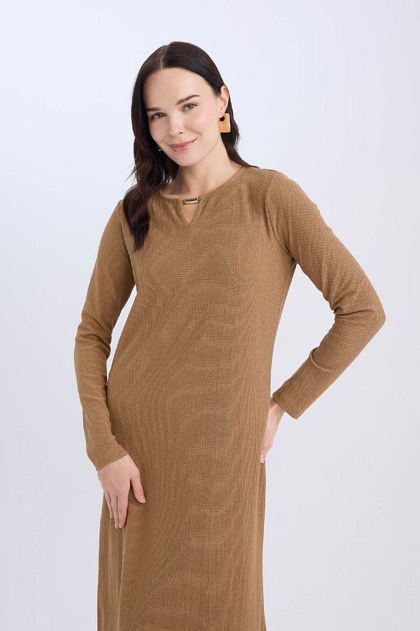 Bisiklet Yaka Basic Düz Bürümcük Uzun Kollu Maxi Elbise E1790AX24WN - 5