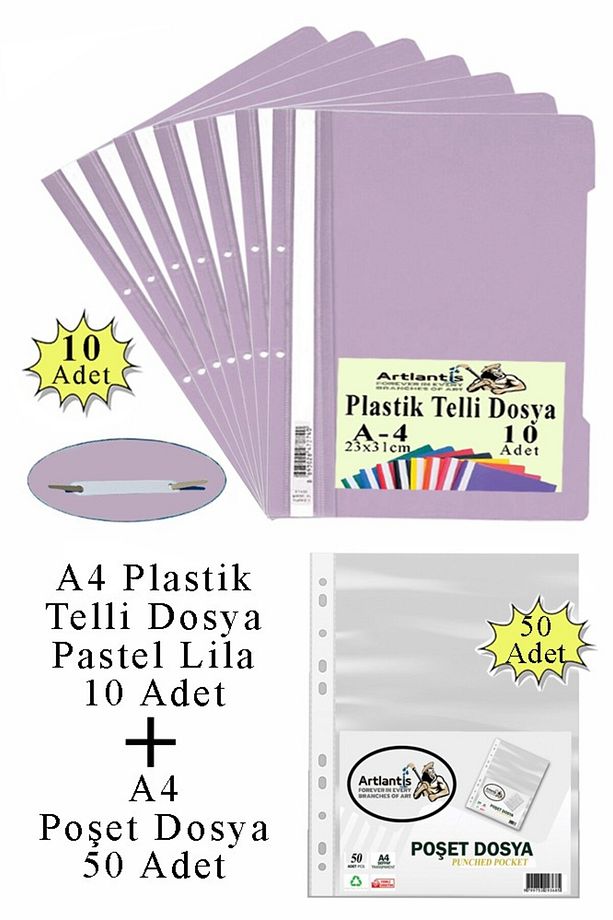 Telli Dosya Plastik A4 10 lu ve Poşet Dosya 50 li 1 Paket Ekonomik Kaliteli Şeffaf Kapak Telli Dosya - 1