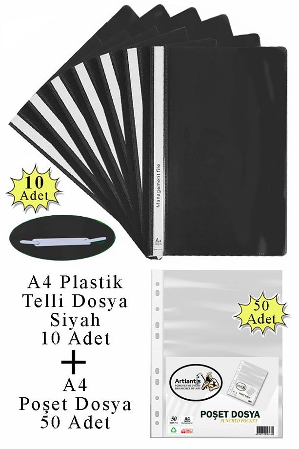 Telli Dosya Plastik A4 10 lu ve Poşet Dosya 50 li 1 Paket Ekonomik Kaliteli Şeffaf Kapak Telli Dosya - 1