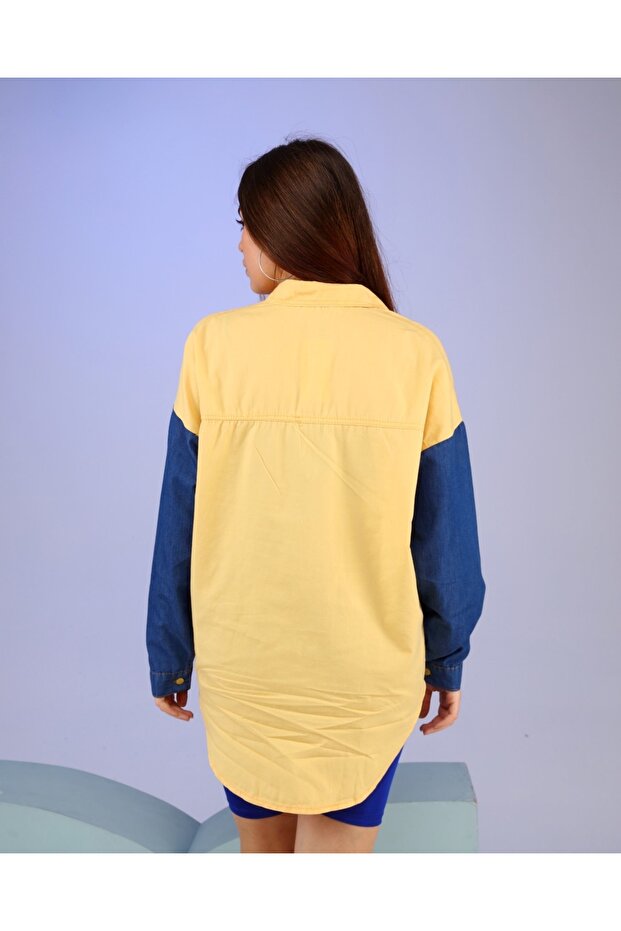 Kadın kot gömlek garnili oversize - 2