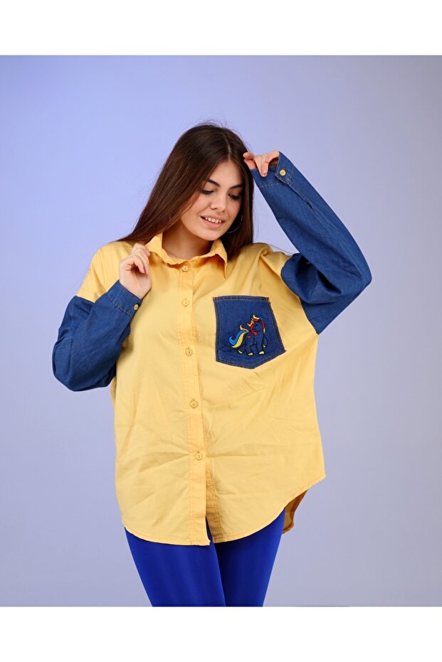 Kadın kot gömlek garnili oversize - 4