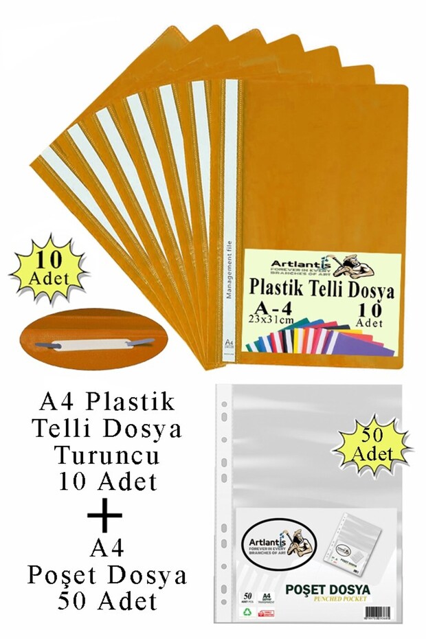 Telli Dosya Plastik A4 10 lu ve Poşet Dosya 50 li 1 Paket Ekonomik Kaliteli Şeffaf Kapak Telli Dosya - 1