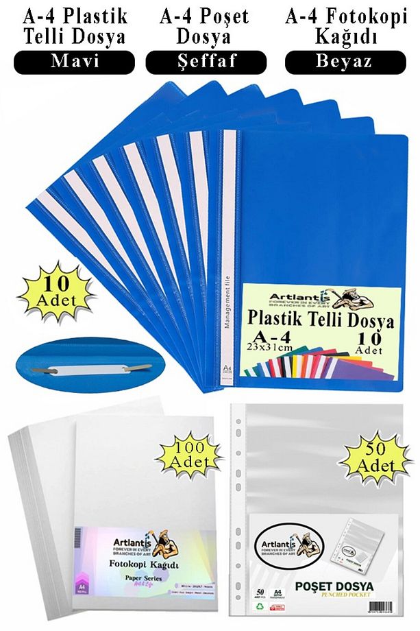 Telli Dosya Plastik A4 10 lu Poşet Dosya 50 li A4 Fotokopi Kağıdı 100 Adet 1 Paket Ekonomik Kaliteli - 1
