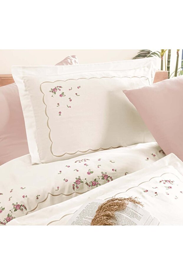 Velmora Cream 100% Cotton Satin Bed Linen Set 6 Pcs 200x220 Cm & Gift Turkish Coffee Set