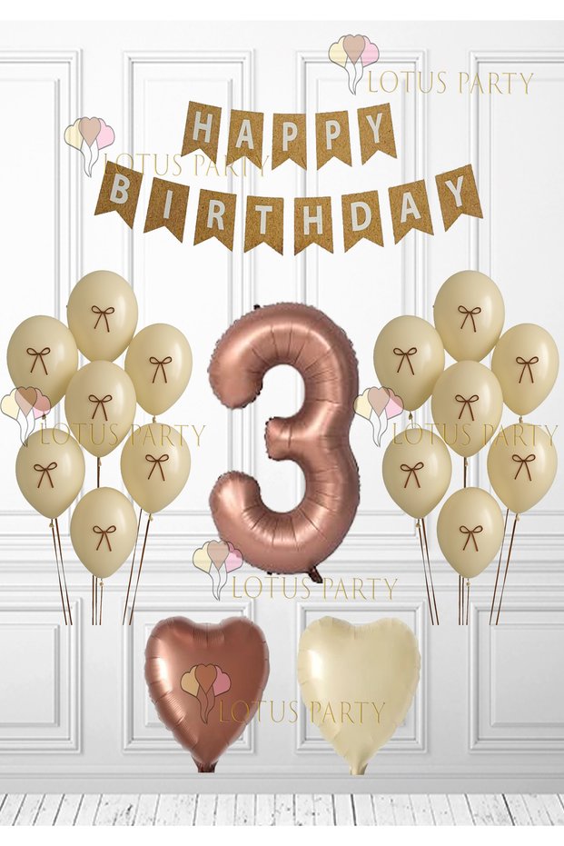 Retro Birthday Set - Ribbon Balloon - Brown Heart Balloon - Kraft Happy Birtyday Banner 3 Years Old