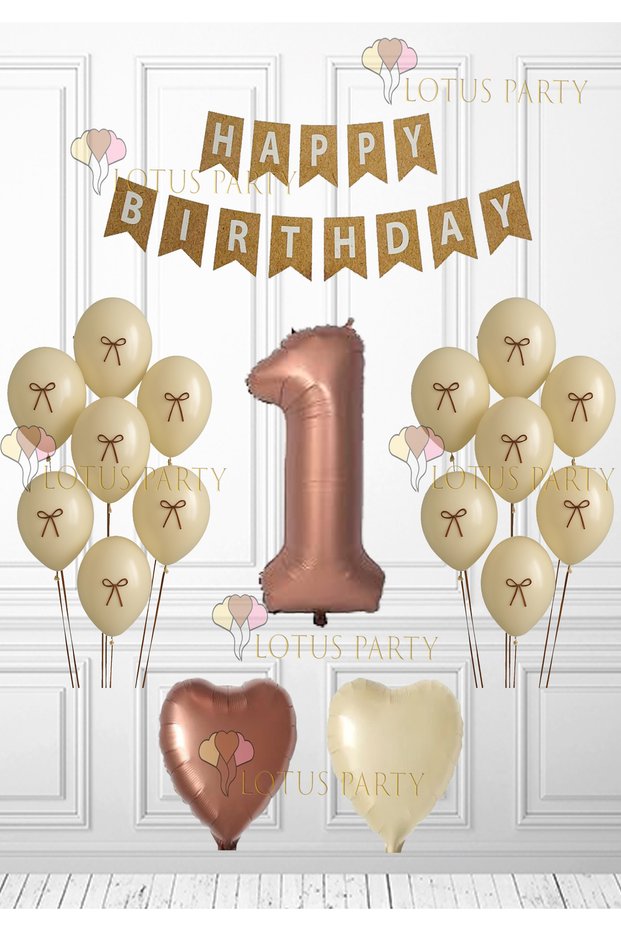 Retro Birthday Set - Balloon with Ribbon - Brown Heart Balloon - Kraft Happy Birtyday Banner 1 Year Old