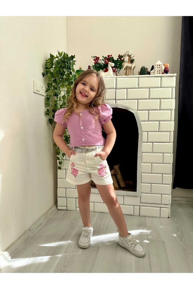 Special Occasion Eid Birthday Flower Embroidery Girl Suit with Shorts