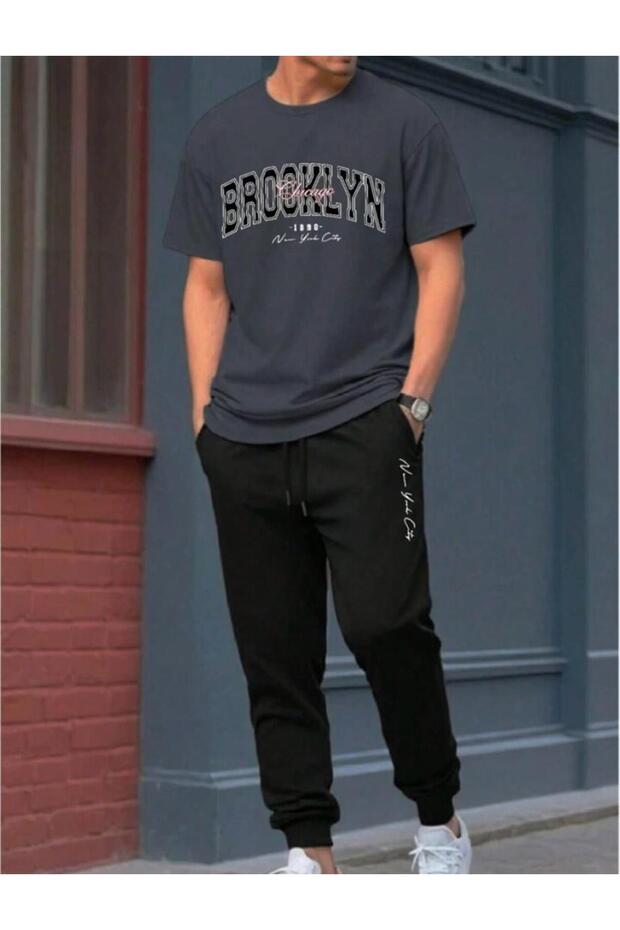Unisex Oversize Brooklyn Printed T-Shirt & Black Jogger Tracksuit