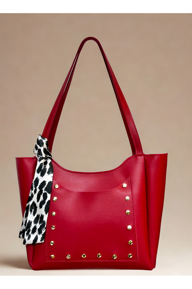 Women's Red Shopper Hand and Shoulder Bag with Front Pocket, Studded Scarf, Zipper and Snap Closure
