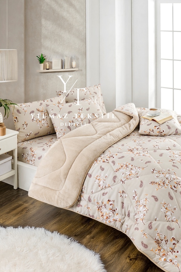 Double Welsoft Fleece Duvet Sleep Set Beige Ethnic | With Fitted Sheet | Dowry Set | Dowry Set