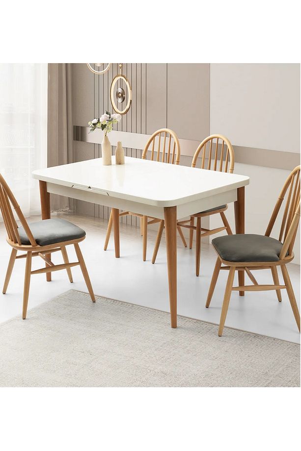 Açılır Yemek Masası Aura 130 X 80/160 X 80 Beyaz - Ahşap Mdf High Gloss- 4 Adet Ada Sandalye - 1