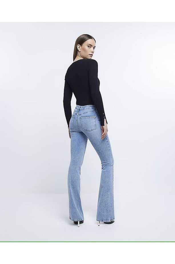 Ispanyol Yüksek Bel Solmaz Mavi Kar Yıkama Kot Pantolon Toparlayıcı Jean - 2