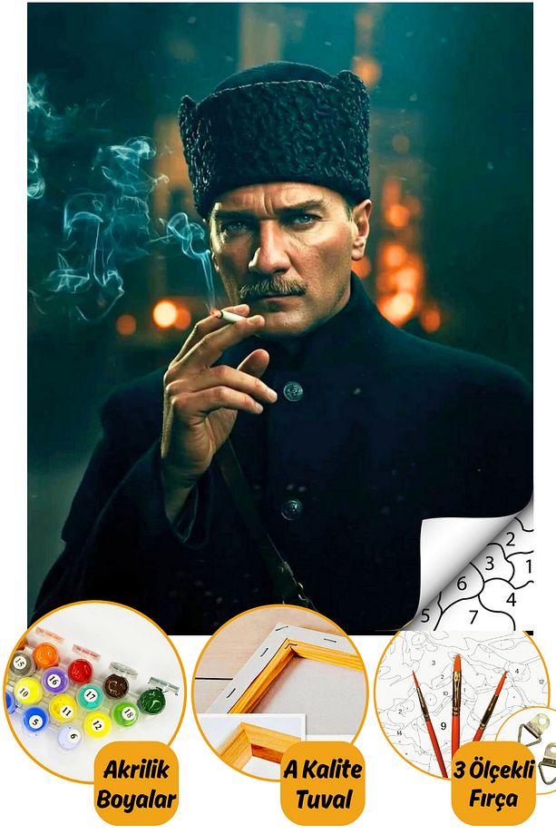 Sayılarla Boyama Numaralı Tuval Seti Fırça Boya Dahil 40x50cm - Mustafa Kemal Atatürk - 1