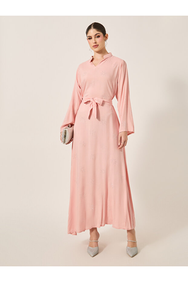 Embellished Stand Collar Waist Tie-Up Jalabyia