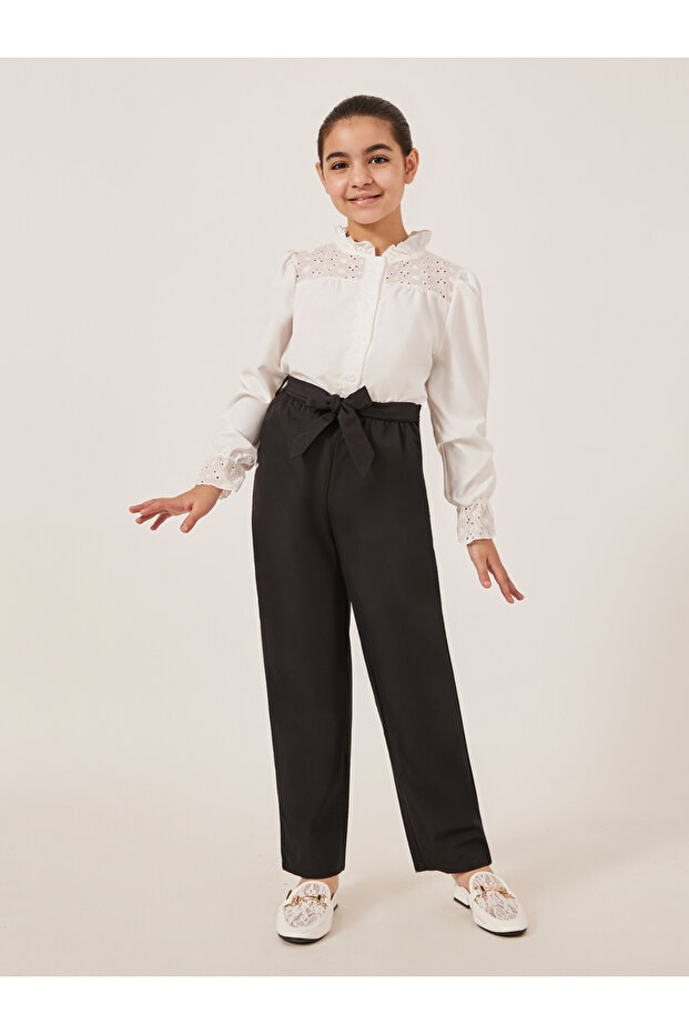 Schiffli Detail Buttoned Top and Wide Leg Pants Set