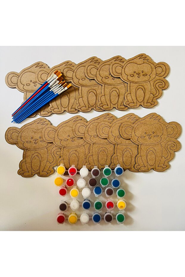Wooden Monkey Painting Set 10 Figures, 10 Brushes, 5 Acrylic Paints | Educational Art Activity for Children