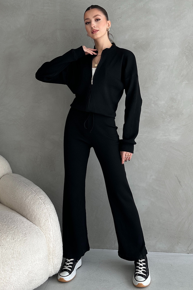 Fekete Camisole Pants Bomber dzseki női alsó felső szett - 4