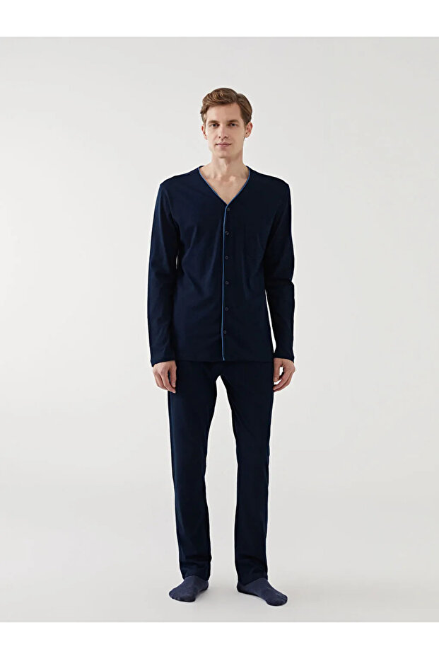 Lacivert Standart Kalıp Erkek Pijama Takımı - 3
