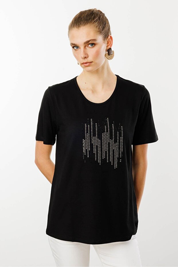 Women's Crew Neck Stone Printed Combed Cotton T-Shirt Black