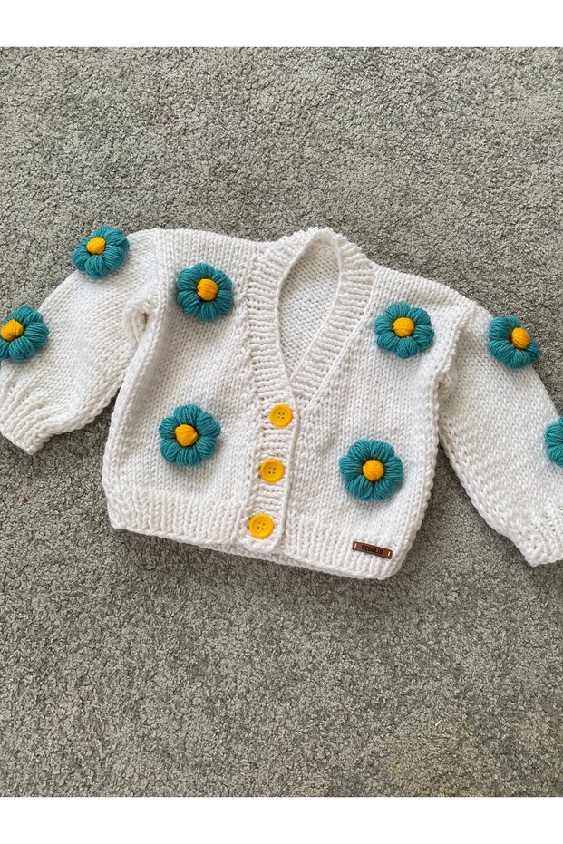 Hand Knitted Girl's Cardigan with Flower Detail