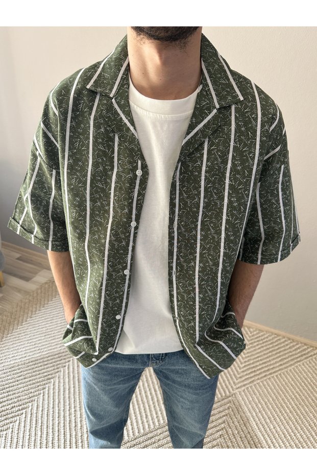 New Season Summer Short Sleeve Striped Cotton Linen Men's Shirt
