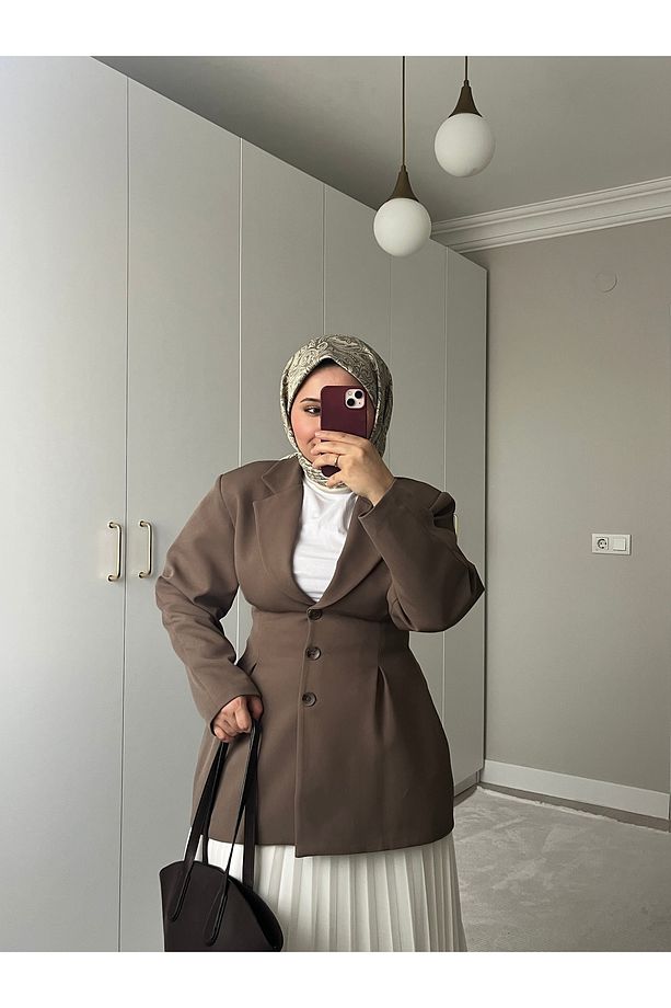 Bel Pileli Astarlı Blazer Kahve - 1