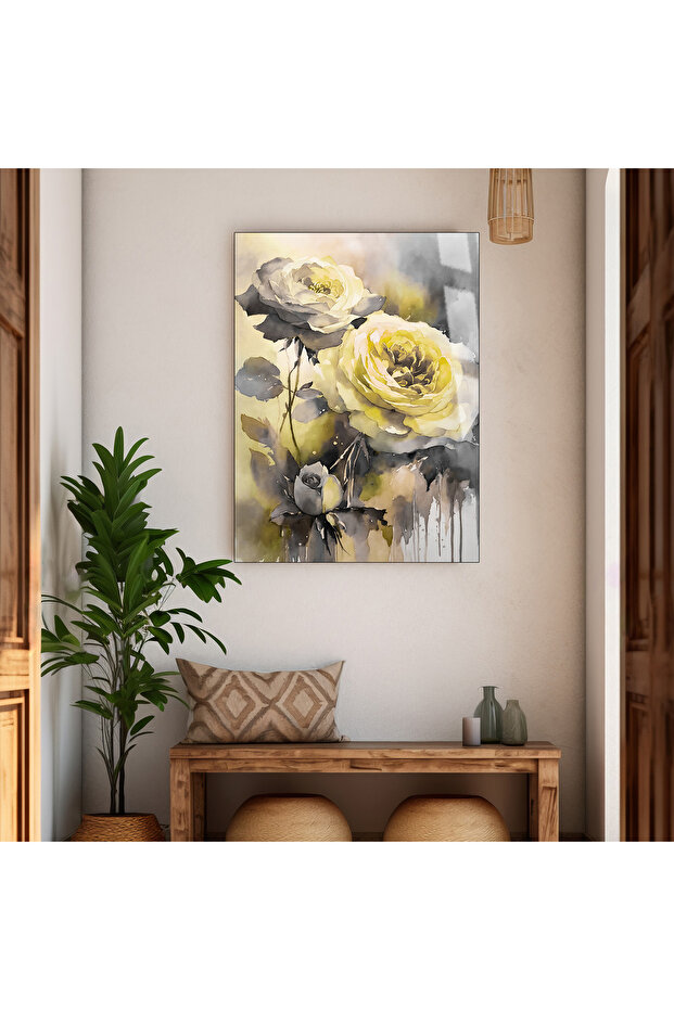Hari̇kabi̇rev | Gray-Yellow Flower Theme Tempered Unbreakable Glass Table | Tmtekli̇