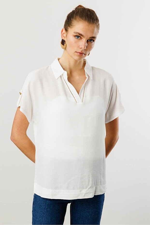 Women's Polo Collar Low Sleeve Shirt Ecru