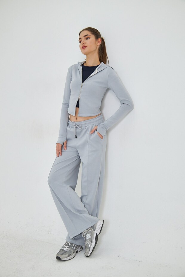 Zippered Hooded Sweatshirt and Wide Leg Tailored Pants Modal Fabric