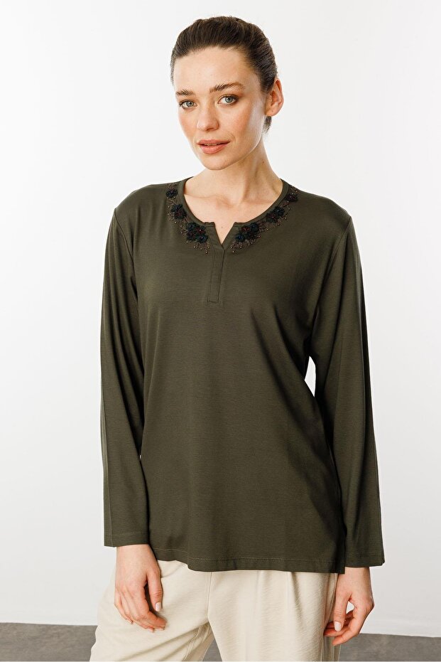 Women's Open Collar Lace Flower Embroidered Combed Cotton Blouse Khaki