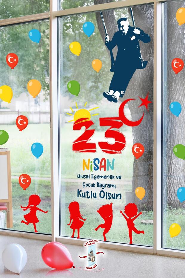 23 April Themed Flagged Double Sided Printed Sticker Set, Ataturk and Child Glass Sticker