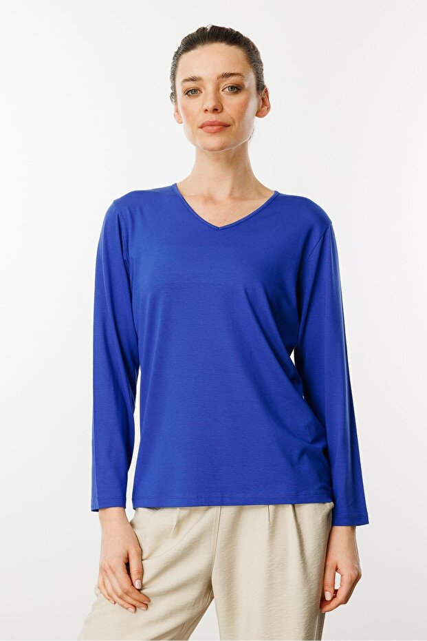 Women's V-Neck Long Sleeve Combed Cotton Blouse