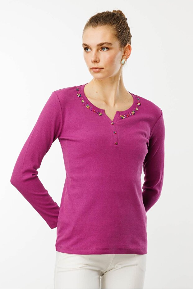 Women's Open Collar Beaded Embroidered Knitwear Blouse Sıkıştırma