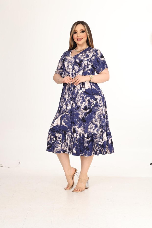Plus Size V-Neck Short Sleeve Skirt Pleated Stylish Combed Viscose Midi Length Dress