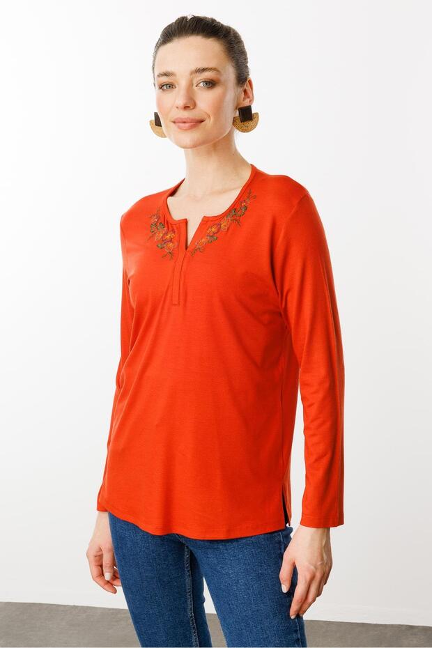 Women's Embroidered Long Sleeve Combed Cotton Blouse Orange