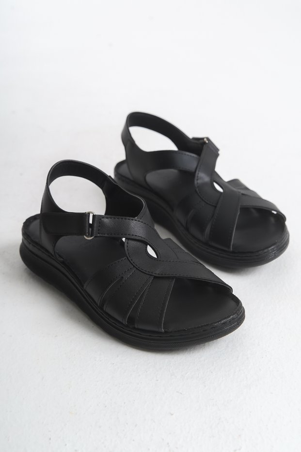 Ravena Black Daily Anatomical Orthopedic Vegan Leather Comfortable Sole Women's Slippers Sandals