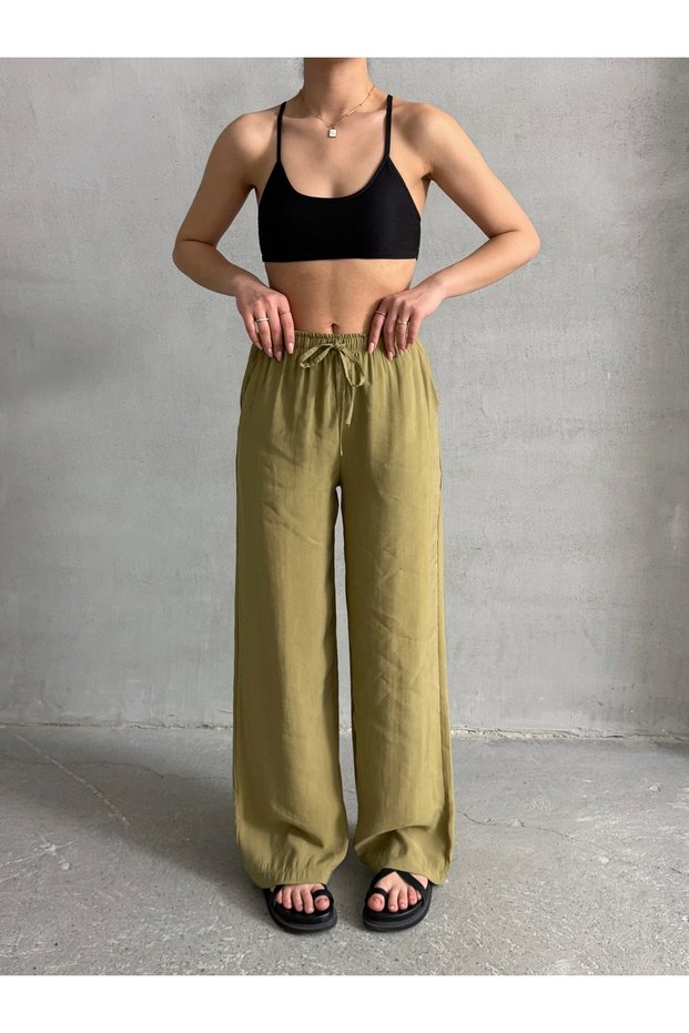 Women's Oil Green Soft Modal Containing Elastic Waist Palazzo Trousers