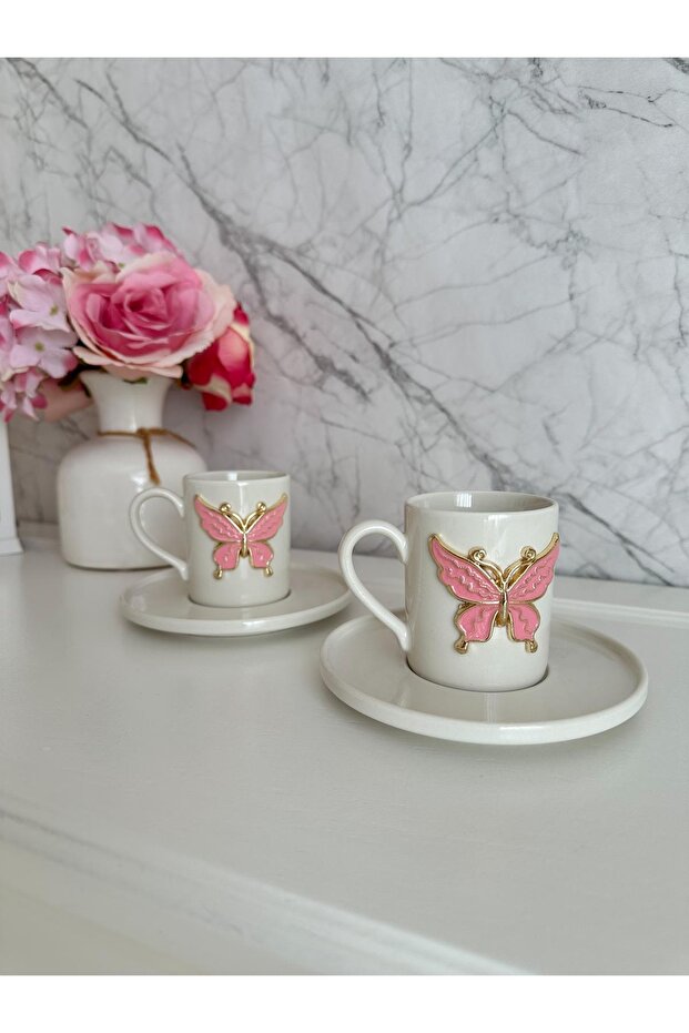 Set of 2 Porcelain Coffee Finn Cups with Butterfly Figure, 4 Pieces 100ml