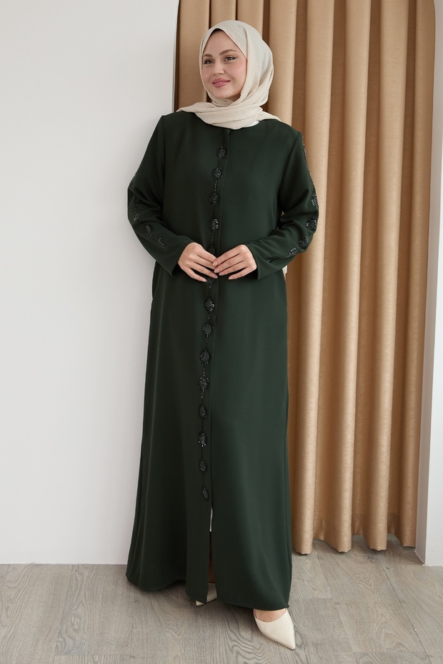 فستان كاكي منقوش بحجر قطرة - 1