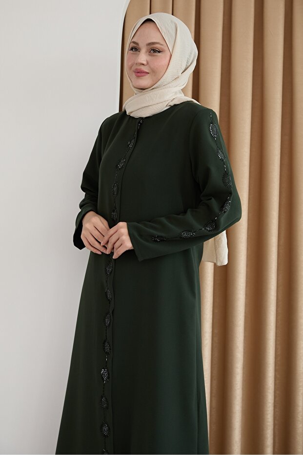 فستان كاكي منقوش بحجر قطرة - 4