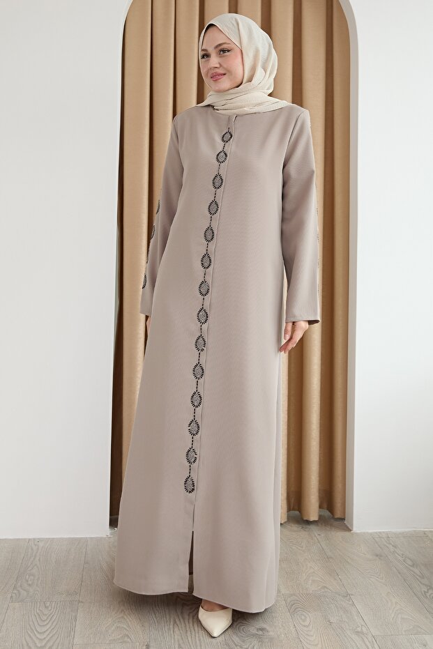 Damla Stone Patterned Beige Ferace - 1