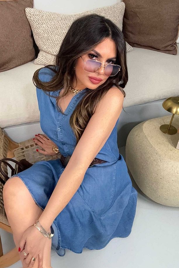 Modal Jean Kumaş Volanlı Gömlek Elbise Mavi - 6