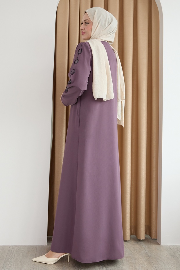 Damla Stone Patterned Rose Dried Ferace - 3