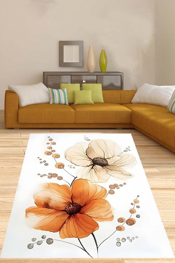 Çiçek Desenli Minimalist Soyut Desenli Yıkanabilir Kaymaz Taban Leke Tutmaz Salon Halısı Yolluk - 1
