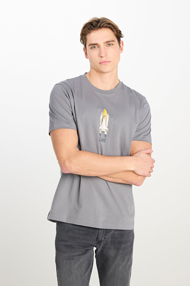 100% Cotton Regular Fit Regular Cut Crew Neck Printed Gray T-Shirt